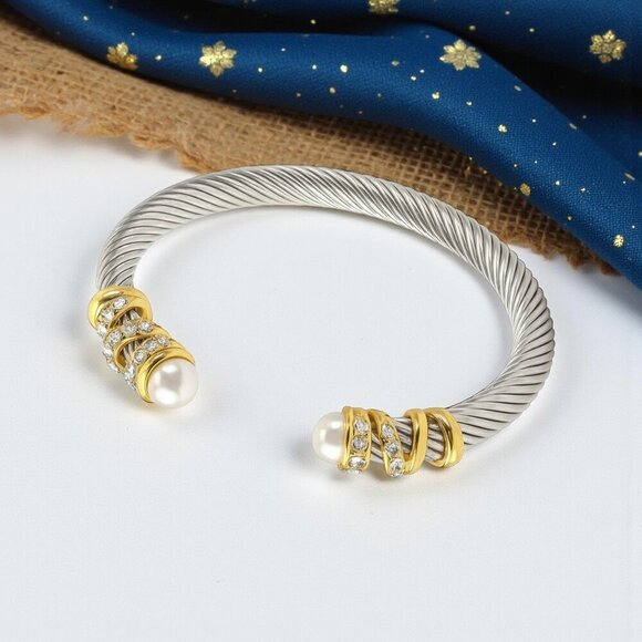 Vintage Elegant Cuff Bracelet Gold Plated Cable Stainless Steel Bangle - Picture 9 of 11